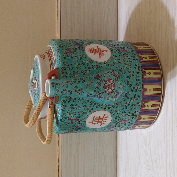 Vintage 1960's Porcelain Chinese Mun Shou Longevity Teal Blue Tea Pot - Picture 2 of 7